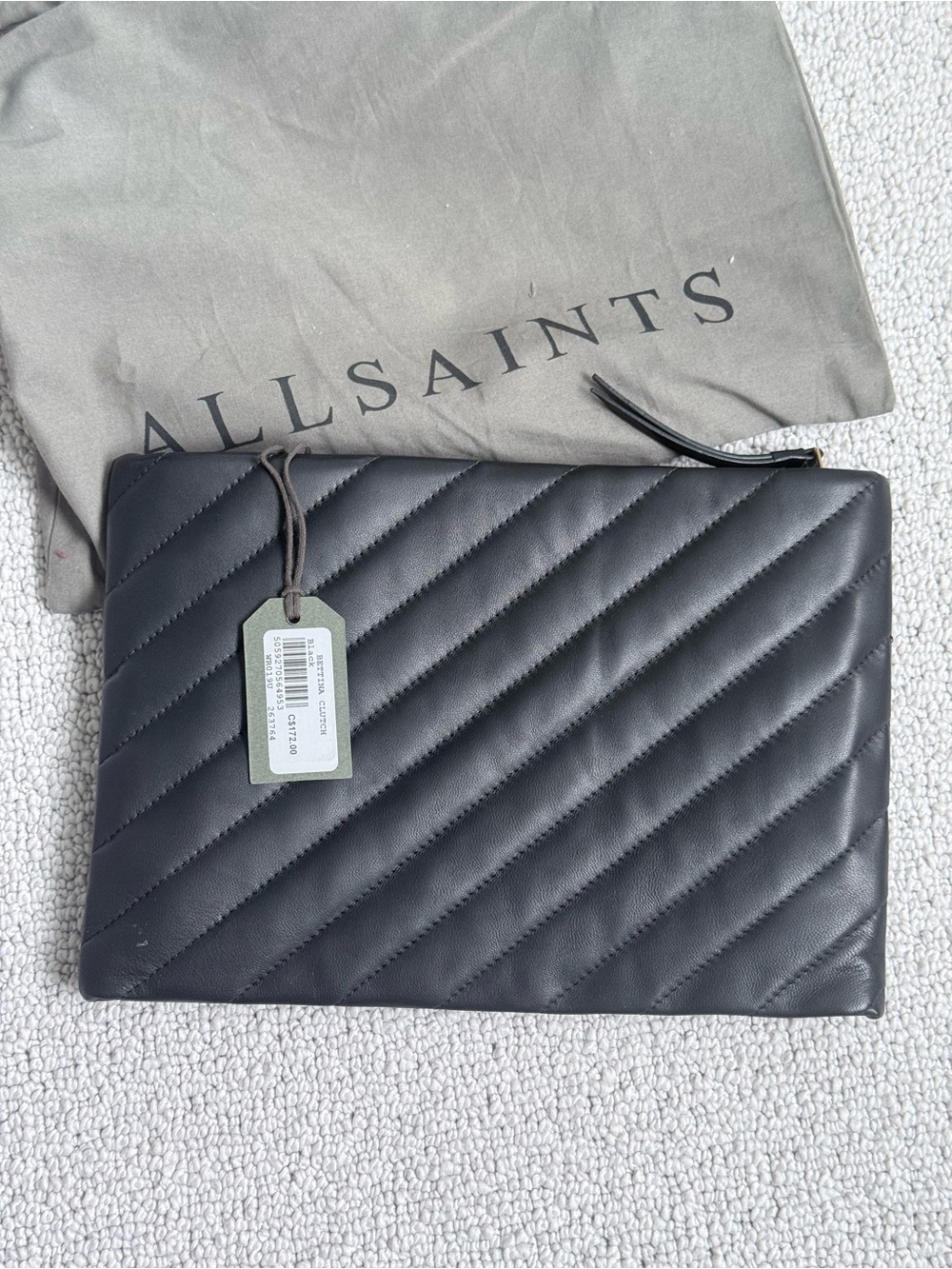 All Saints Black Quilted Leather Zip Pouch Clutch